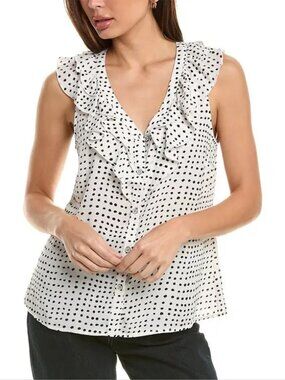 Cabi polka dot ruffle blouse top shirt sleeveless white black button new Medium